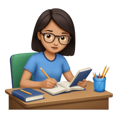 A student with dark hair is reading a book and taking notes in a notebook. There are also papers and textbooks on the table. sticker