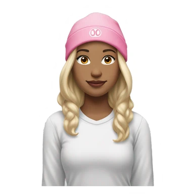 white raced, blonde hair with middle part, girl, long sleeve white lululemon shirt,  grey sweat pants, and a pink santa hat sticker