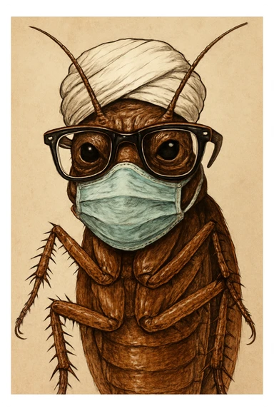 cockroach wearing a white turban, a facemask, and nerd glasses, detailed and expressive sticker