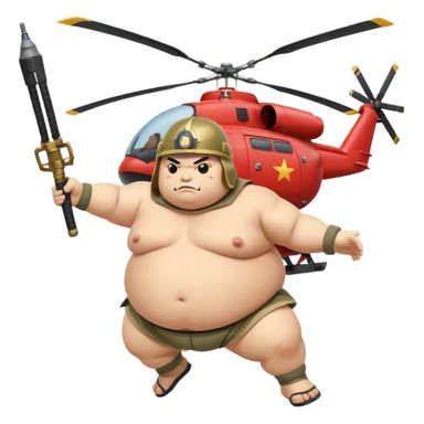 A fat sumo fighter holding a RPG with a army helmet and he’s hanging off a side of a helicopter  sticker