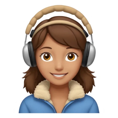 A girl wearing beige ear muffs, tan skin, brown hair, brown eyes smiling sticker