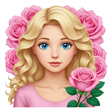 Blonde blue eyed women with wavy hair pink rose background sticker