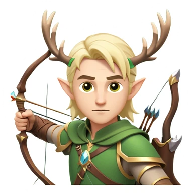 clash-of-clans-aesthetic-blond-male elf-archer-portrait-emoji, rendered in a flat, vector-style with minimal shading and bold holding his bow, simplified shapes, head tilted slightly forward with a determined, focused expression, riding a majestic stag whose antlers glow with mystical energy, set against an ancient, enchanted forest backdrop. sticker