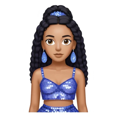 Solange with long black hair, periwinkle sequin crop top, periwinkle sequin skirt, periwinkle earring sticker