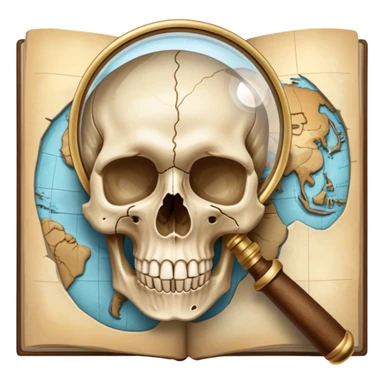 An icon featuring a human skull and fossils, representing anthropology. The design includes a magnifying glass and a map of ancient human migration paths, symbolizing the study of human evolution and cultures. Transparent background highlights the scientific exploration of humanity’s past. sticker