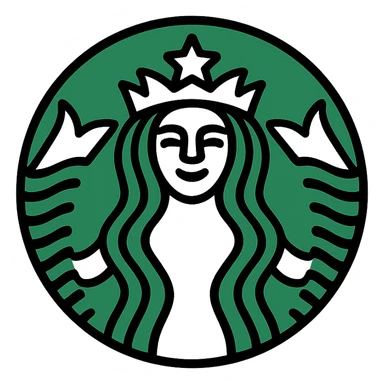 Starbucks mermaid, stylized, circular badge, green and white sticker
