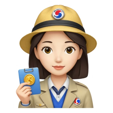 A Korean female tour guide holds her license. sticker