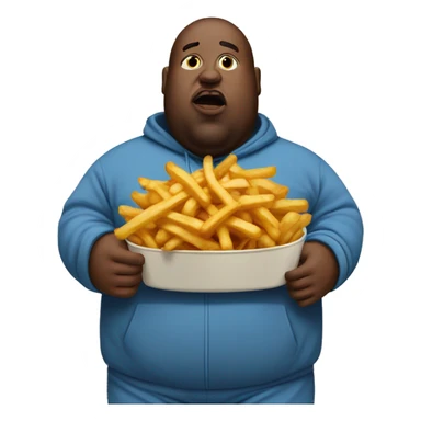 fat man in dirty blue sweatsuit with chili cheese fries in his mouth sticker