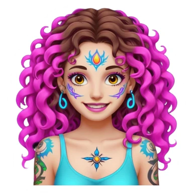 woman with long curly brown hair, brown eyes, white skin, tattoos, fake innocent smile with chaotic neon aura sticker