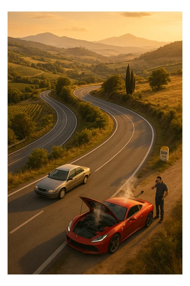 "Aerial view of winding mountain road through Italian countryside, steady reliable sedan maintaining consistent pace with confident driver, versus flashy supercar stopped at roadside with hood open and steam rising, mechanic being called on phone, 300km milestone sign visible in distance, moral lesson about reliability over showmanship, golden hour lighting" sticker