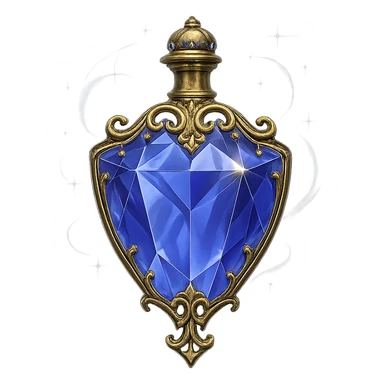 crystal luxurious elixir bottle in shield shape, color #7986cb, lots of shining, edges, ornaments, golden details, magical effects, very small golden neck, transparent background, beautiful seamless base, bottle clearly floating in air, no base or shadow, very luxurious, modern, matching the collection sticker