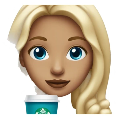 blonde girl blue eyes with Starbucks cup drink sticker