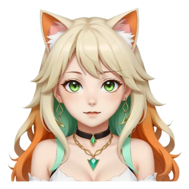 Beautiful gorgeous pretty anime lady, round-big-cat-feline-ears, nekomimi, kemonomimi, long wavy whitish-beige-hair with gradient-orange tips, colorful green eyes with thin slit pupils, black collar, wearing a white bra, gold-brown-Orange necklace, fair skin, Cyan triangle-shaped earrings sticker