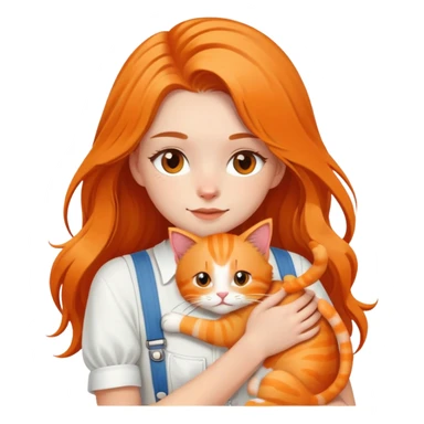 White girl - long hair - white suspenders - hugging - a orange cat sticker