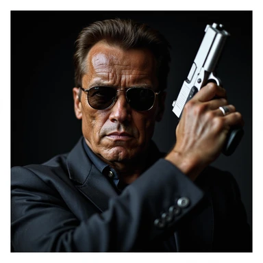 realistic style, close-up of the Terminator (Arnold Schwarzenegger) with sunglasses, holding a gun up, dramatic lighting sticker