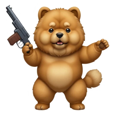 Funny realistic-style chow chow dog with light fur standing on its hind legs and holding a gun menacingly sticker
