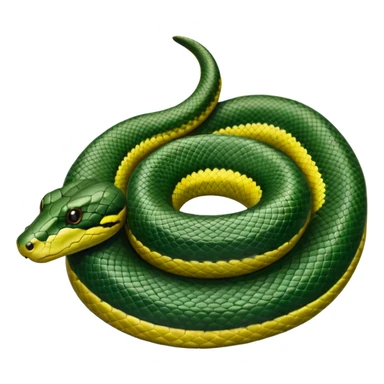 A photo-realistic top-down view of a Green Anaconda tightly coiled in a spiral, with its broad, flat head resting at the center. Its thick, muscular body is olive-green and covered in symmetrical, bold black oval spots that stand out against its smooth scales, creating striking natural camouflage. sticker