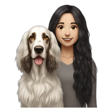 hyperrealist caucasian girl black long hair with brown english setter dog sticker