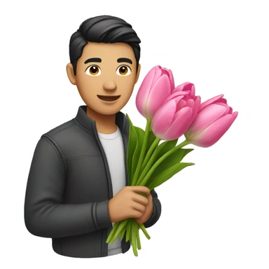 Asian guy holding pink tulip bouquet  sticker