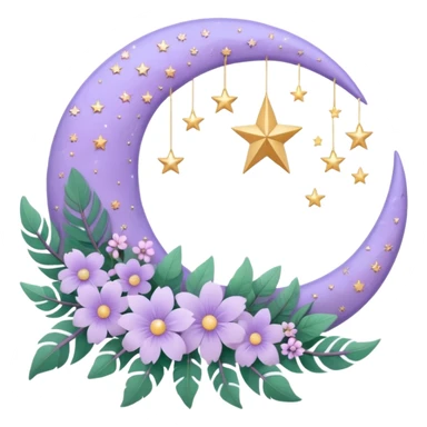 Beautiful poetic aesthetic sparkly glittery shiny pretty floating pastel lilac lavender Violet crescent-moon and flowers and leaves and feathers and sparkles and stars aesthetic deco sticker