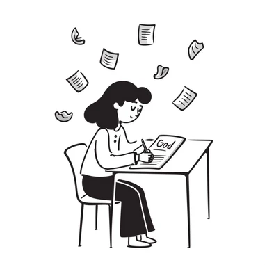 A student at a desk writing an essay that begins with "Dear God" in clear handwriting, surrounded by crumpled paper drafts sticker