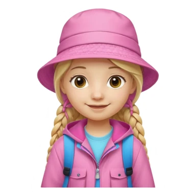 Little student, long braid blonde, wears pink bucket hat and jacket, backpack, happy sticker