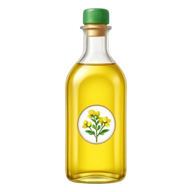 rapeseed oil bottle transparent with pale yellow oil, simple curved or rectangular shape, green or neutral cap, no branding, light clear smooth oil with soft golden glow, no label, clean 3D style, soft shadows, emoji scale sticker