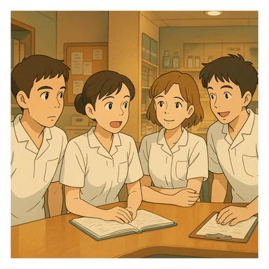 Quatre étudiants infirmiers en équipe, en pleine discussion dans un poste de soin, style Ghibli. Uniformes blancs à manches courtes, tuniques médicales col en V, poche poitrine à gauche, sans pied de col ni stéthoscopes, rien ne dépasse des manches. Les personnages reprennent les traits des quatre photos fournies. sticker