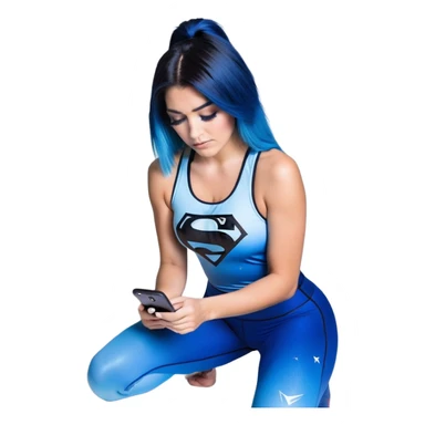 Shameful-big tears-head back texting on phone-very very large upper body-sexy face-bending forward at waist-very long very straight dark blue to light blue ombre hair-and-blue eyes-thick black eyeliner-thick long eyelashes-iridescent blue lowcut tanktop with black leggings with glitter superman logo sticker