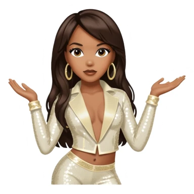 LeToya Luckett from Destiny's Child with long dark brown hair, ivory sequin outfit sticker