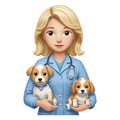 Joven mujer, de cabello bajo los hombros rubio con ondas, veterinaria de perros, vacas y caballos, con traje clínico celeste, sin delantal blanco sticker