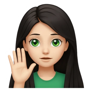 Animated girl dark long hair green eyes emoji with duh facial expression ,one hand on top of her head sticker