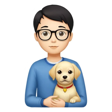A Chinese black haired boy with black glasses holding one yellow Labrador Retriever sticker