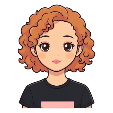 A teenager girl light skin with a light bit of pink and orange blush brown eyes that shine like honey brown curly hair to her shoulders wearing a black t shirt sticker