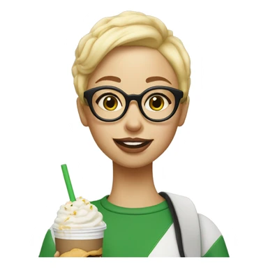 A girl with short blonde hair and round glasses eating shake shack sticker