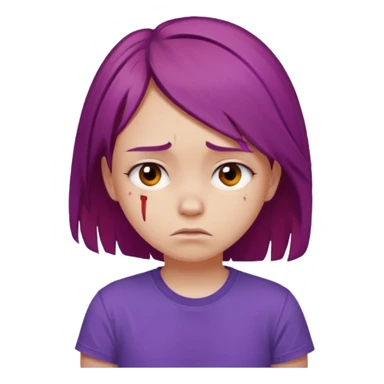 Young girl with red, damaged, and unattractive hair, wearing a purple T-shirt, with a sad and subdued expression. sticker