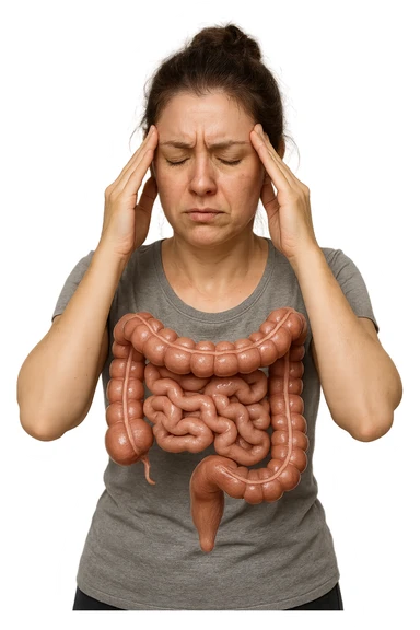 donna molto stanca e stressata che si massaggia le tempie con intestino umano anatomico realistico in evidenza, sfondo bianco, iperrealistico 4k sticker
