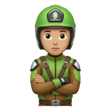 dirtbike rider in green gear with arms crossed, and thinking sticker