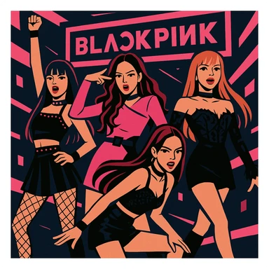 Blackpink K-pop group, pink and black theme, glamorous stage fashion, dynamic pose, bold expressions sticker