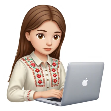 A Ukrainian girl with brown hair in an embroidered shirt works at her laptop sticker