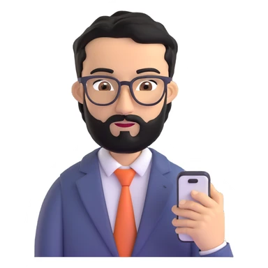 same professional man with medium black beard, neat black hair, connected unibrow, olive tan skin, brown eyes, glasses, prominent nose, in business casual attire, looking at mobile phone screen sticker