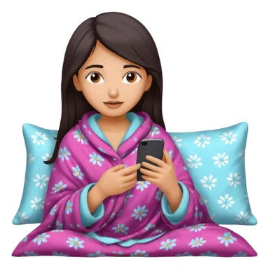 a pretty bratz fair indian girl covered in blanket, wearing pajamas, using phone sticker