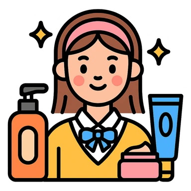 preppy girl with glowing skin, surrounded by skincare products sticker