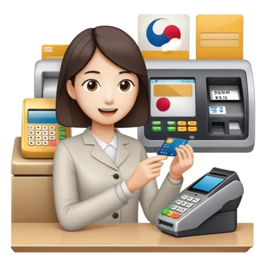 “An emoji-style illustration of a Korean person making a payment with a credit card. The person is holding a credit card and inserting or tapping it on a payment terminal. The scene suggests a typical transaction at a store or café counter, with a cashier or payment machine present. The person appears focused or content while completing the purchase. The style is minimalistic and expressive, resembling an emoji.” sticker