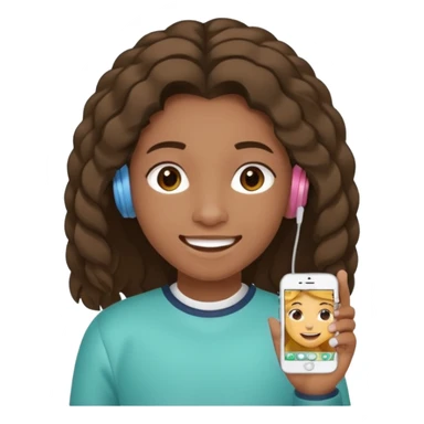 Faça um adolescente de cabelo cacheado médio sorrindo com um aparelho dental e fones de ouvido, com um moletom branco sticker