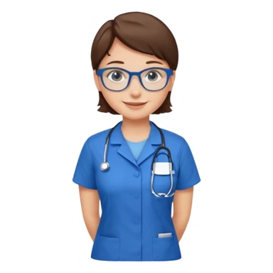 Blue eyes short brown hair with glasses woman in care assistant blue uniform sticker