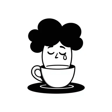 hand drawn doodle of a coffee cup with emo hair and sad expression sticker