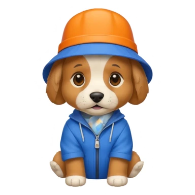 A puppy wearing a blue and orange suit with a blue and orange buckhat  sticker