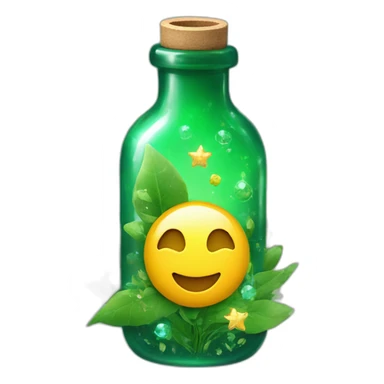 Green bottle with plants and nature and sparkles around it and tablets sticker