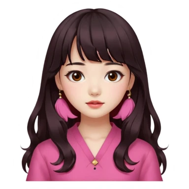 Korean girl, red top, black brown hair, brown eyes, long wavy hair, aesthetic, long hair, hime cut, blunt bangs, pink girl sticker